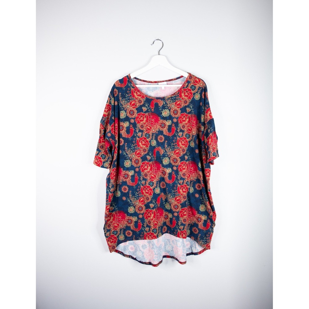 LuLaRoe Irma short sleeved T-shirt Women's XL Red Blue Flower Bird Pattern comfy